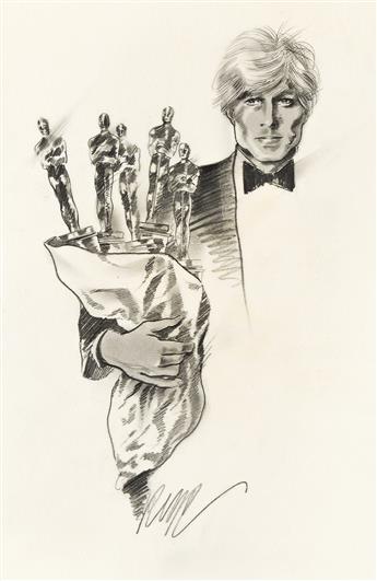 RICHARDS, ROBERT W. (1941-2019) Group of five drawings of Oscars, Tony Awards, Marlon Brando and Peggy Lee.